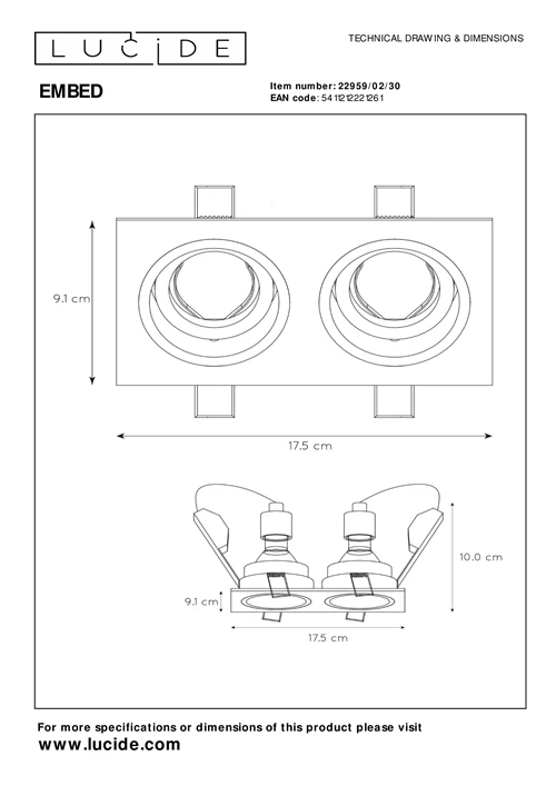 Lucide EMBED - Einbaustrahler - 2xGU10 - Schwarz - technisch